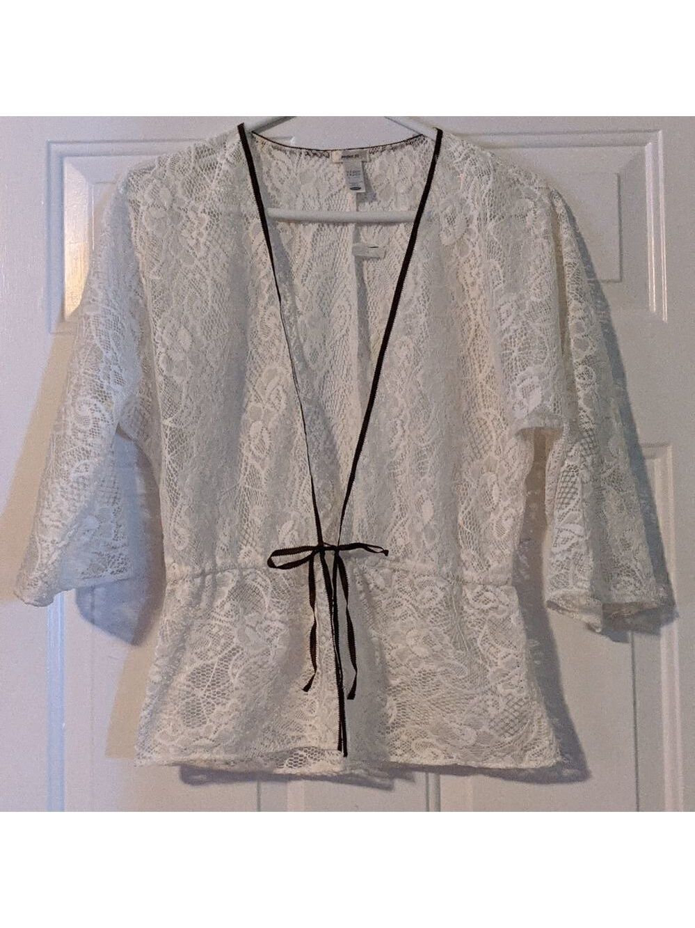 Cream Lace Cardigan Brown Tie NWT Top Shirt Layer Look Small Women's Shower